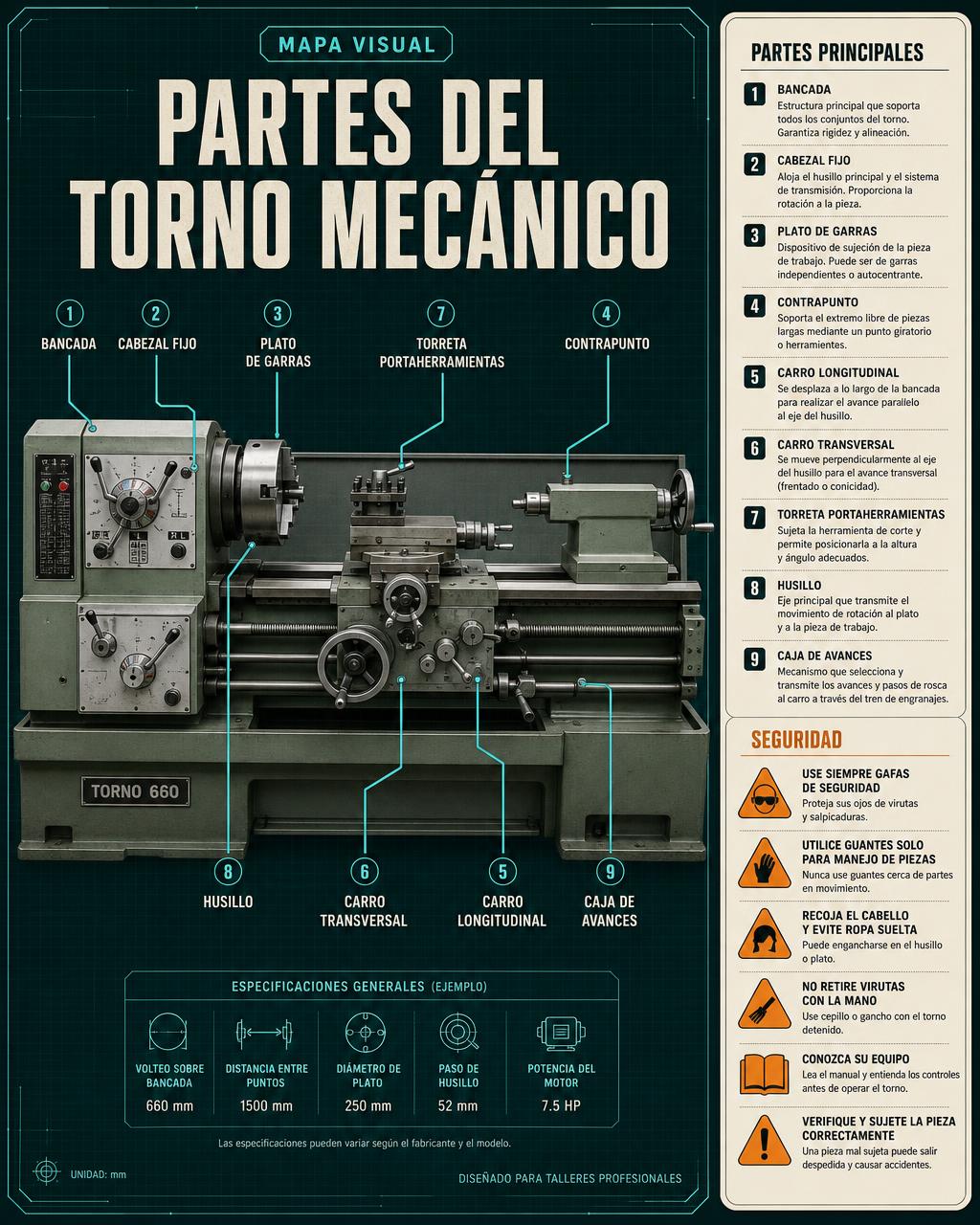 Mapa Visual: Partes del Torno Mecánico