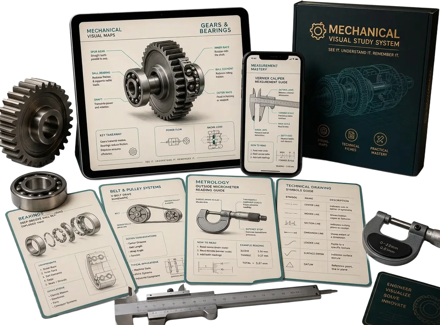 Tablet, celular y fichas impresas con diagramas de engranajes, rodamientos y calibrador
